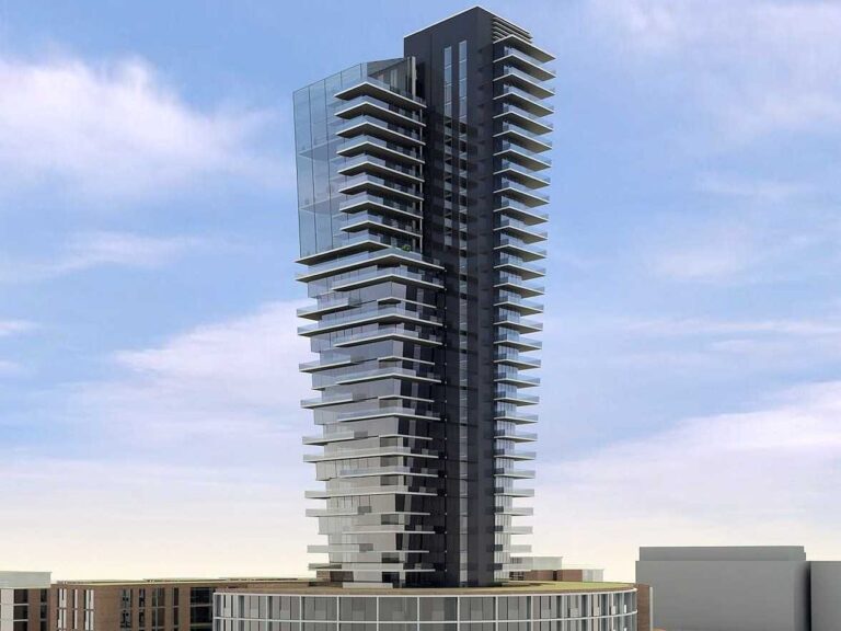 Gewa Tower aus der Ferne mit einem blauen Himmel im Hintergrund