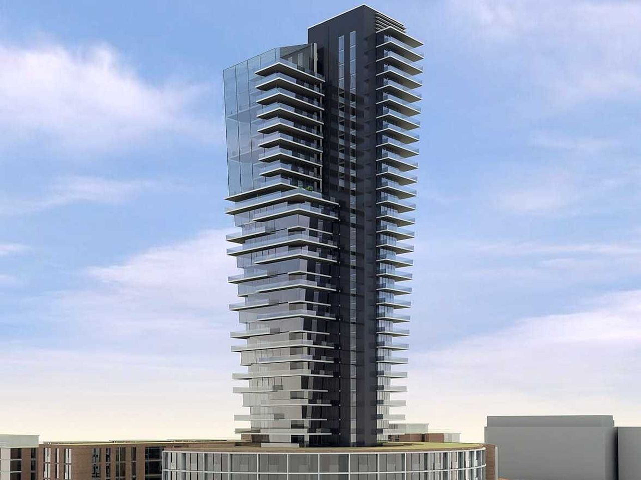 Gewa Tower aus der Ferne mit einem blauen Himmel im Hintergrund