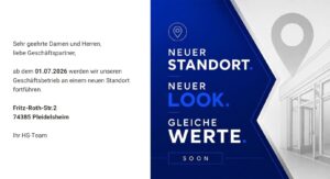 Informationsfenster mit Text zur Standortänderung ab 01.07.2026 auf Fritz-Roth-Str.2 in 74385 Pleidelsheim und Hinweis auf neuen Standort, neuen Look und gleiche Werte